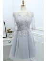 Grey Lace Short Reception Party Dress With Illusion Neck Sleeves - MYX18214