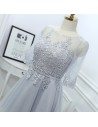 Grey Lace Short Reception Party Dress With Illusion Neck Sleeves - MYX18214