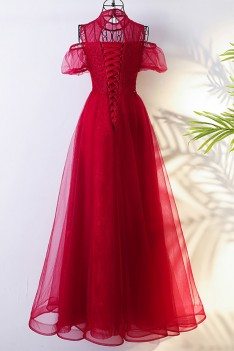 Lolita Long Tulle Burgundy Formal Party Dress With High Neck - MYX18219