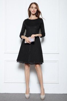 Black Beaded A-line 3/4 Sleeve Short Dress