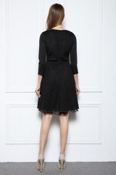 Black Beaded A-line 3/4 Sleeve Short Dress - DK362