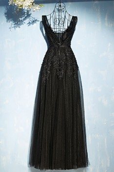 Classic Long Black Lace Tulle Prom Dress V-neck Sleeveless - MYX18234