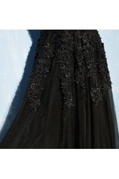 Classic Long Black Lace Tulle Prom Dress V-neck Sleeveless - MYX18234