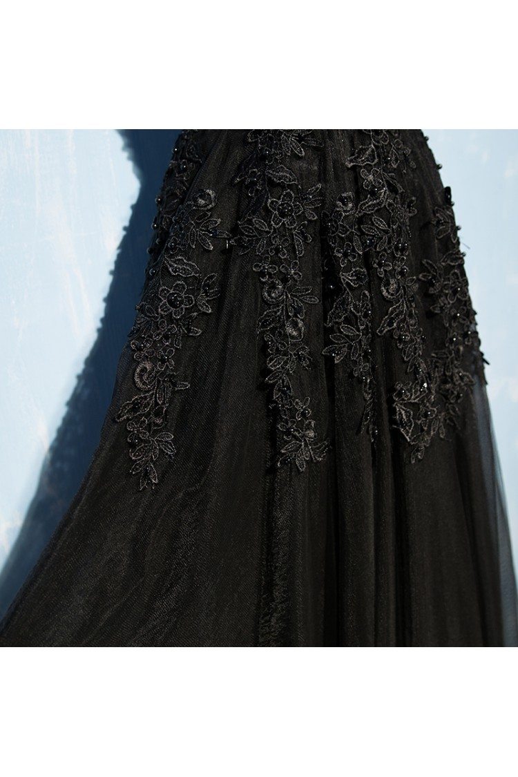Classic Long Black Lace Tulle Prom Dress V-neck Sleeveless - $119.9 # ...