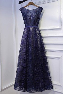 Modest Navy Blue Cap Sleeve Long Formal Dress Lace - MYX18236
