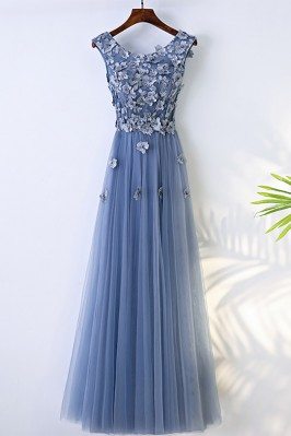 Trendy Dusty Blue Flowy Prom Dress Long With Flower Petals - MYX18243