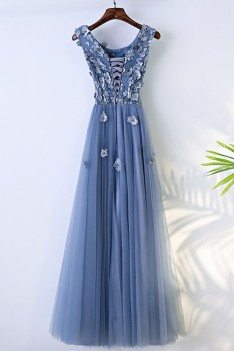 Trendy Dusty Blue Flowy Prom Dress Long With Flower Petals - MYX18243
