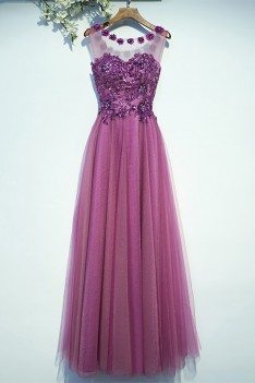 Purple Appliques A Line Cheap Prom Dress Long Sleeveless - MYX18247