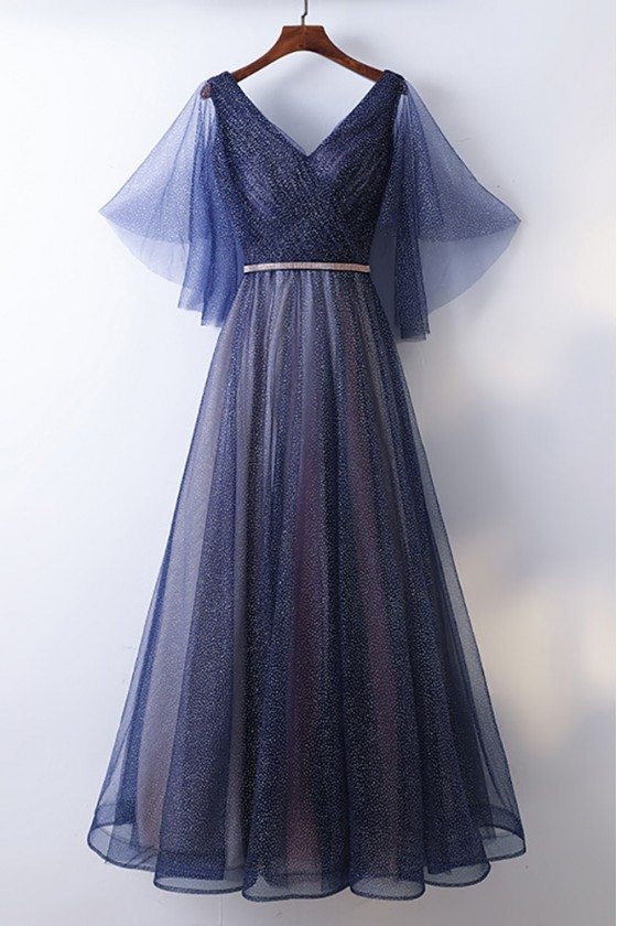 Beautiful Flowy Navy Blue Long Cheap Prom Dress With Bling - MYX18254