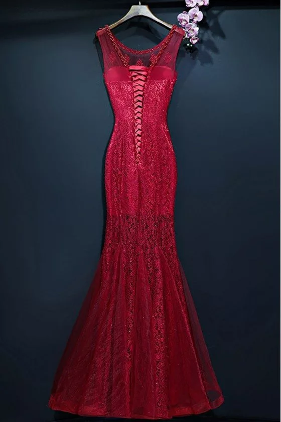 Burgundy Slim Long Mermaid Formal Dress With Lace Sleeveless - $119.9 # ...