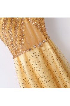 Bling Blig Sparkly Gold Formal Prom Dress With Sleeves - MYX18262