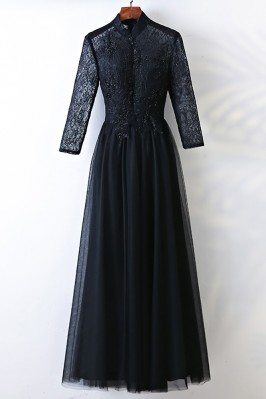 Vintage High Neck Long Black Prom Dress With Long Sleeves - MYX18264