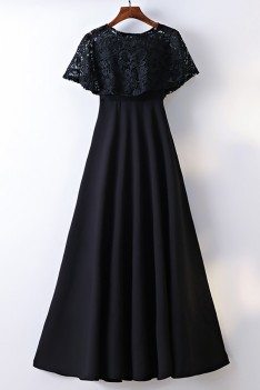 Classy Cape Sleeve Lace High Waist Long Formal Dress Black - MYX18265