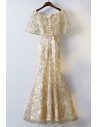 Gold Cape Sleeves Long Mermaid Formal Dress With Bling Sequins - MYX18267