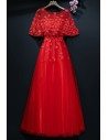 Cute Long Red Bridal Party Dress With Cape Sleeves - MYX18268