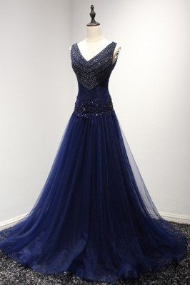 Shiny Beading Dark Navy Formal Dress Tulle Long For Wedding Dance - AKE18077