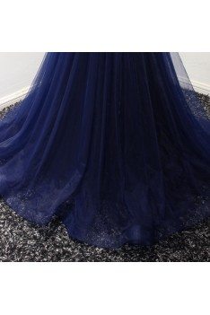 Shiny Beading Dark Navy Formal Dress Tulle Long For Wedding Dance - AKE18077