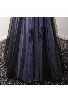 Different Blue-black Long Prom Dress With Floral For Curvy Girls - AKE18072