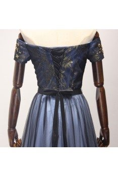 Bluish Black Beaded Long Formal Dress In Off The Shoulder Style - AKE18071