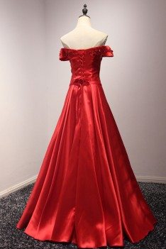 Vintage Off The Shoulder Prom Dress In Red Satin With Applique Floral - AKE18070