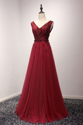 2018 Classy Burgundy Tulle Prom Dress Long With Beading Florals - AKE18069