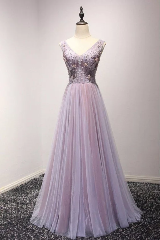 Elegant Lilac Long Formal Dress For Homecoming With Sweetheart Beading - AKE18066