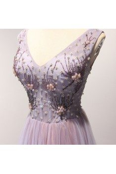 Elegant Lilac Long Formal Dress For Homecoming With Sweetheart Beading - AKE18066