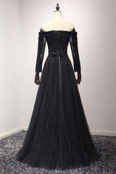 Classic Black Long Tulle Formal Dress With Off The Shoulder Sleeves - AKE18065