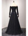 Classic Black Long Tulle Formal Dress With Off The Shoulder Sleeves - AKE18065