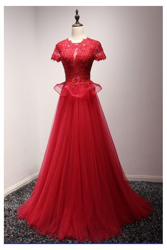 Modest Sparkly Long Red Formal Dress 2018 With Lace Beading Top - AKE18064