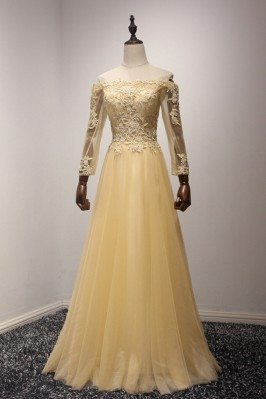Applique Long Champagne Tulle Prom Dress With Off The Shoulder Sleeves - AKE18061