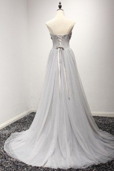 Elegant High Low Grey Tulle Formal Dress With Sequins For Women - AKE18059