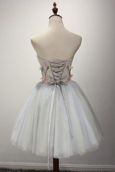 Unique Short Grey Homecoming Prom Dress With Pink Florals - AKE18058