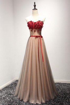 A Line Long Black Prom Dress With Romantic Red Floral Strapless - AKE18057