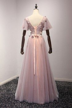 Outstanding Applique Pink Prom Dress Long With Short Puffy Sleeves - AKE18055