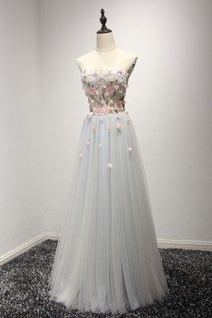 Strapless Long Grey Tulle Prom Dress With Floral Beading - AKE18054