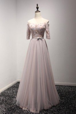 Off The Shoulder Sleeved Formal Party Dress With Beading Lace Bodice - AKE18052