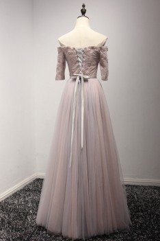 Off The Shoulder Sleeved Formal Party Dress With Beading Lace Bodice - AKE18052
