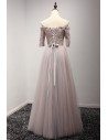 Off The Shoulder Sleeved Formal Party Dress With Beading Lace Bodice - AKE18052