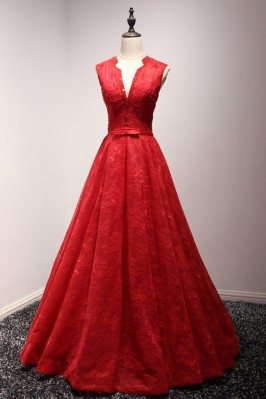 Princess Ball Gown Red Formal Dress All Lace With Beading V Neck - AKE18049