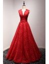 Princess Ball Gown Red Formal Dress All Lace With Beading V Neck - AKE18049