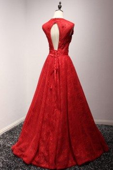 Princess Ball Gown Red Formal Dress All Lace With Beading V Neck - AKE18049
