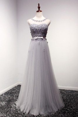 Dusty Grey Backless Long Formal Dress With Floral Bodice - AKE18048