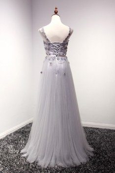 Dusty Grey Backless Long Formal Dress With Floral Bodice - AKE18048
