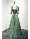 Backless Long Green Lace Prom Dress With Beading 3/4 Sleeves - AKE18047