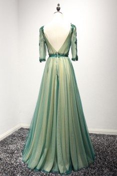Backless Long Green Lace Prom Dress With Beading 3/4 Sleeves - AKE18047