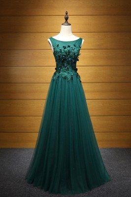 Fitted Hunter Green Long Tulle Prom Dress With Applique Lace Bodice - AKE18044
