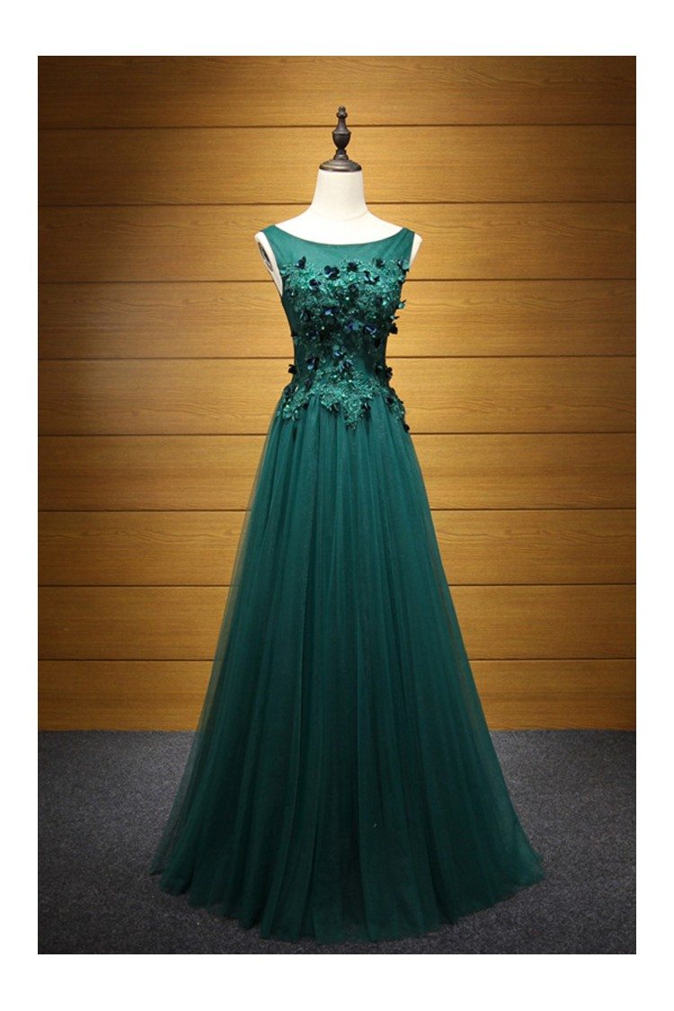 Fitted Hunter Green Long Tulle Prom Dress With Applique Lace Bodice ...