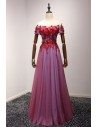 Off Shoulder Sleeves Long Red Formal Dress With Applique Lace - AKE18043