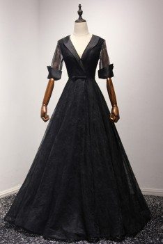 Black Long Ball Gown Lace Formal Dress Sleeved With V Neck - AKE18042
